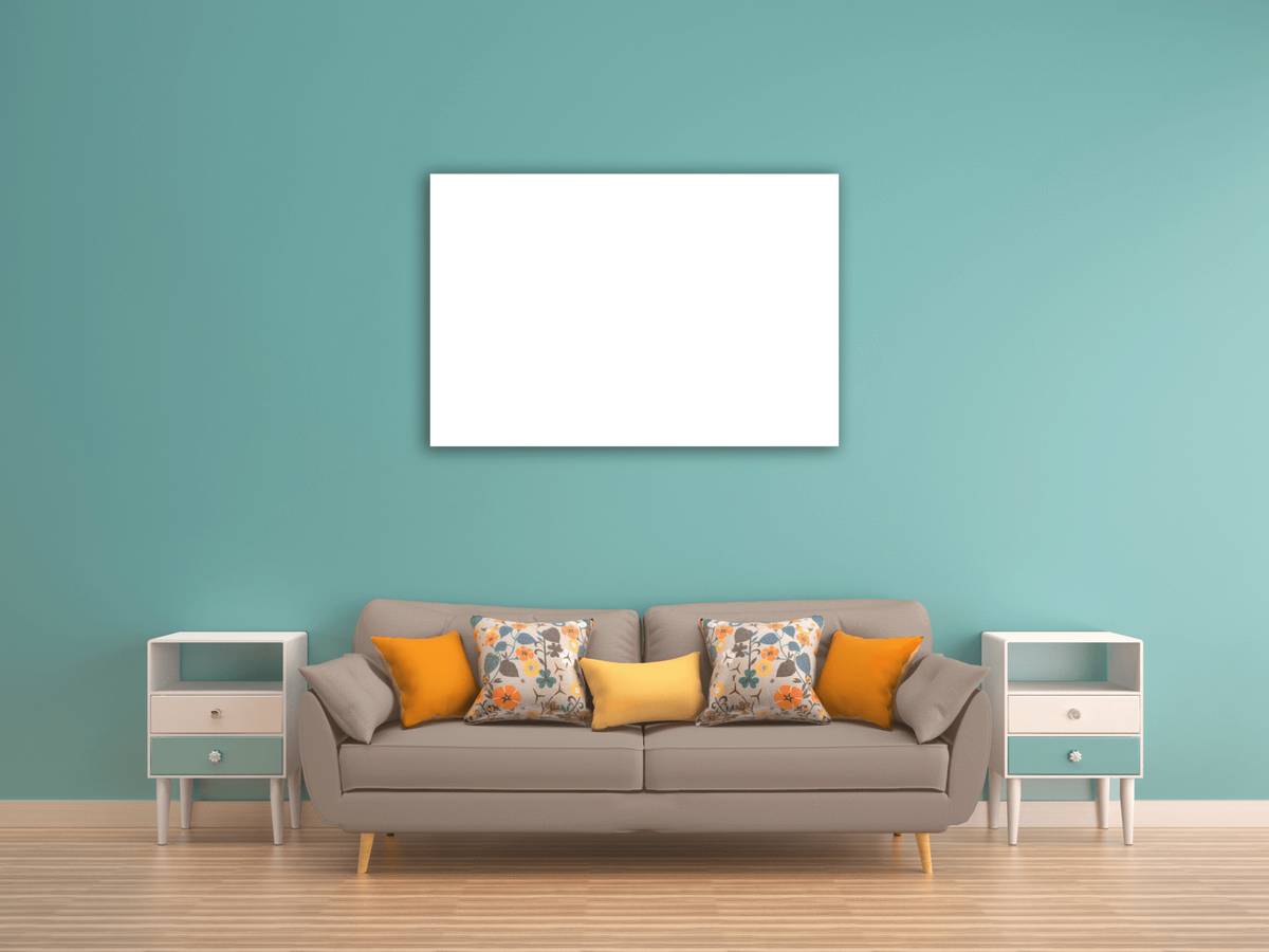 Blank White Painting Canvas Wall Art in black, single panel hung on a wall