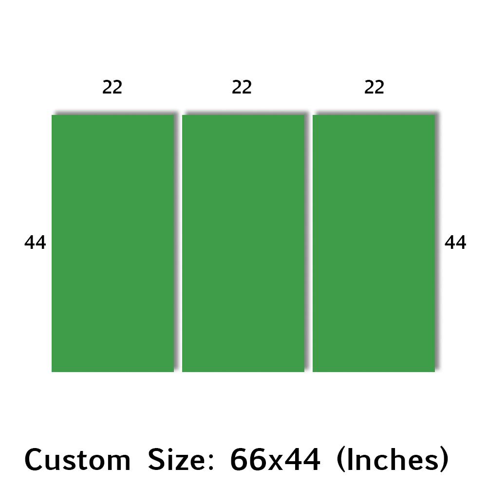 Solid Green Triptych Canvas Wall Art in green, 3 panel horizontal set hung on a wall
