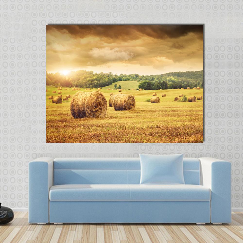 Golden Cut Hay Bales with Sunburst Canvas Wall Art in brown, gold and yellow, single panel hung on a wall