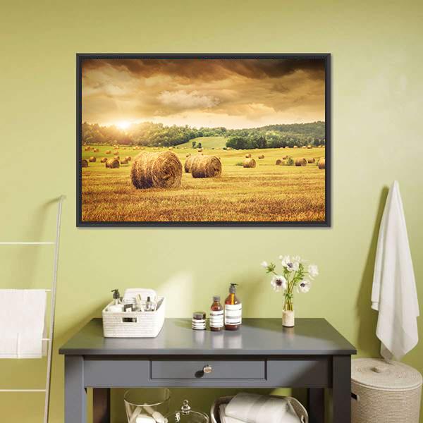 Cut Bales of Hay Canvas Wall Art in brown, gold and yellow, framed canvas, product view on a white background