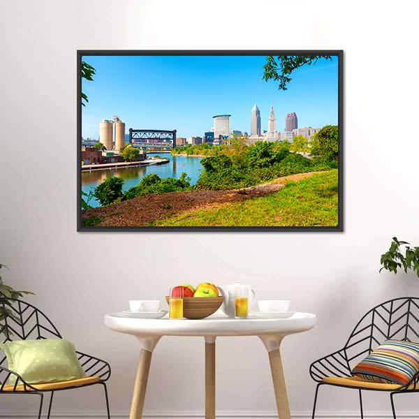 Cuyahoga River From Park Canvas Wall Art-1 Piece-Floating Frame-24" x 16"-Tiaracle