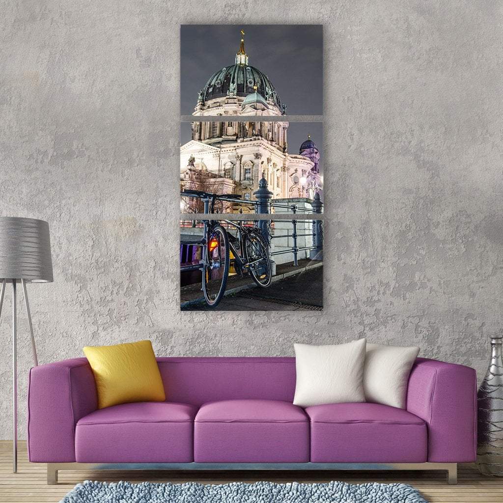 Cycle In Front Of Cathedral Vertical Canvas Wall Art-3 Vertical-Gallery Wrap-12" x 25"-Tiaracle