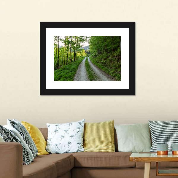 Cycling Road In Forest Canvas Wall Art-1 Piece-Framed Print-20" x 16"-Tiaracle