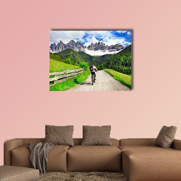 Cyclist On Dolomites Italy Canvas Wall Art-4 Pop-Gallery Wrap-50" x 32"-Tiaracle