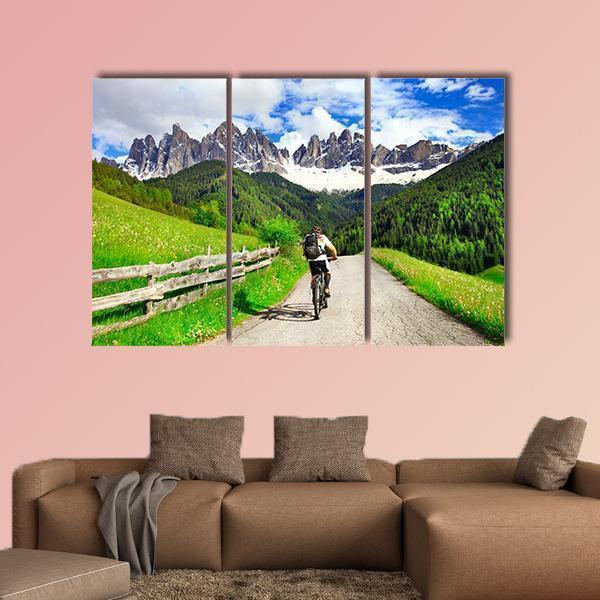 Cyclist On Dolomites Italy Canvas Wall Art-3 Horizontal-Gallery Wrap-37" x 24"-Tiaracle