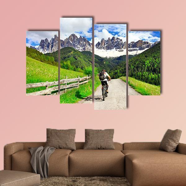 Cyclist On Dolomites Italy Canvas Wall Art-4 Pop-Gallery Wrap-50" x 32"-Tiaracle