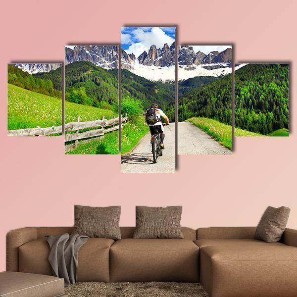 Cyclist On Dolomites Italy Canvas Wall Art-5 Star-Gallery Wrap-62" x 32"-Tiaracle