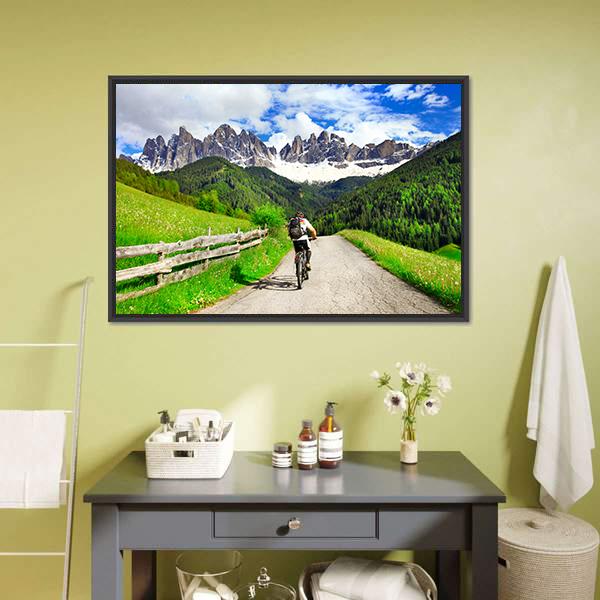 Cyclist On Dolomites Italy Canvas Wall Art-3 Horizontal-Gallery Wrap-25" x 16"-Tiaracle