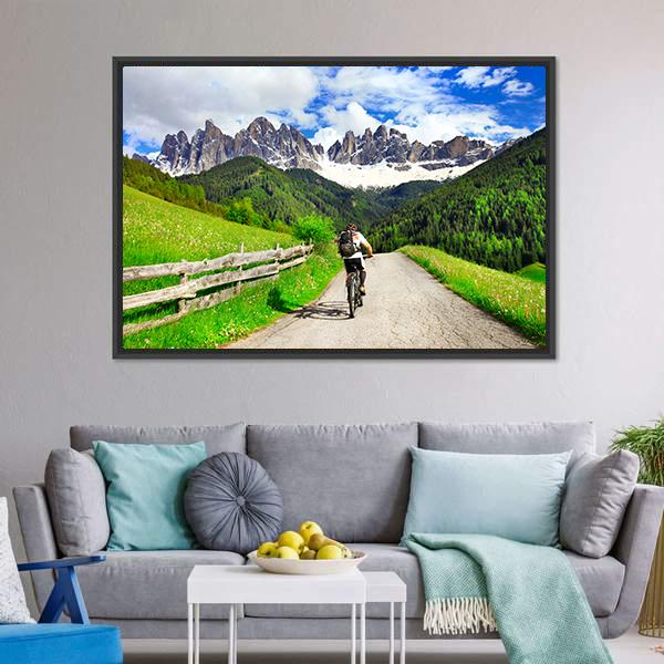 Cyclist On Dolomites Italy Canvas Wall Art-3 Horizontal-Gallery Wrap-25" x 16"-Tiaracle
