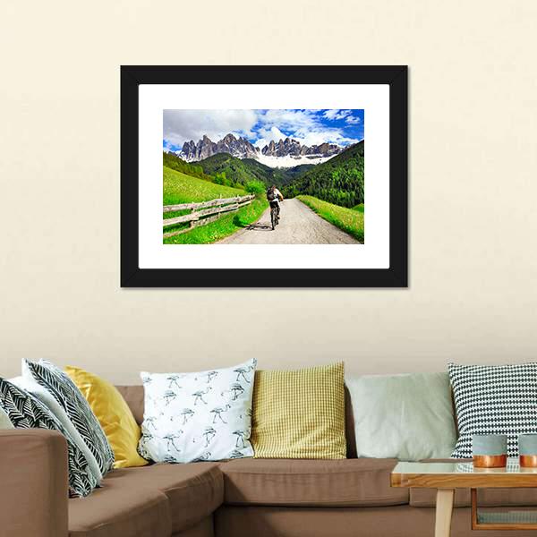 Cyclist On Dolomites Italy Canvas Wall Art-1 Piece-Framed Print-20" x 16"-Tiaracle