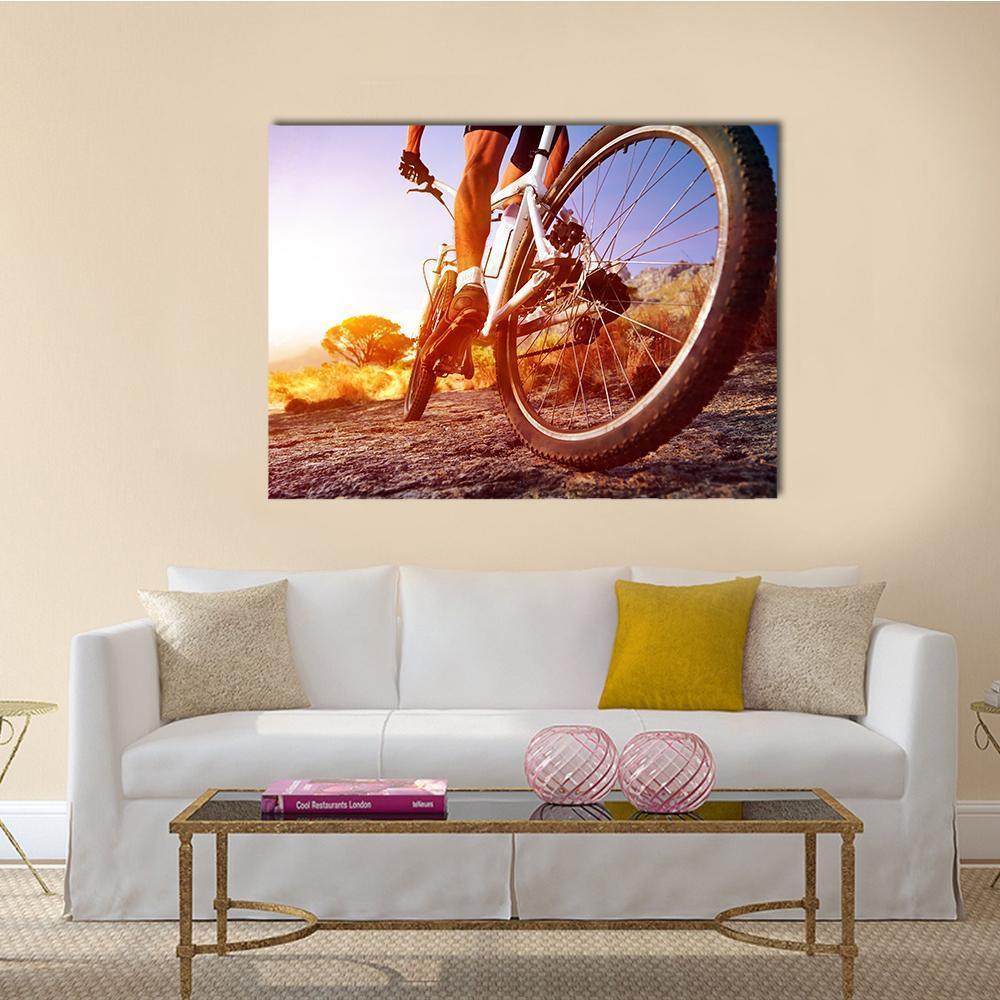 Cyclist on Rocky Trail Canvas Wall Art in brown, orange and blue, single panel hung on a wall