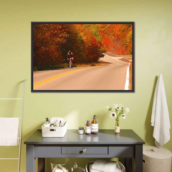 Cyclist On Scenic Highway Canvas Wall Art-1 Piece-Floating Frame-24" x 16"-Tiaracle
