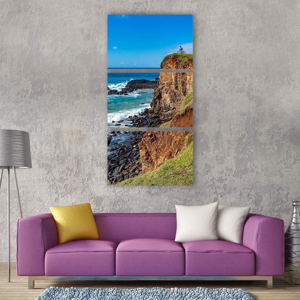 Cyclist At Cliff Vertical Canvas Wall Art-3 Vertical-Gallery Wrap-12" x 25"-Tiaracle