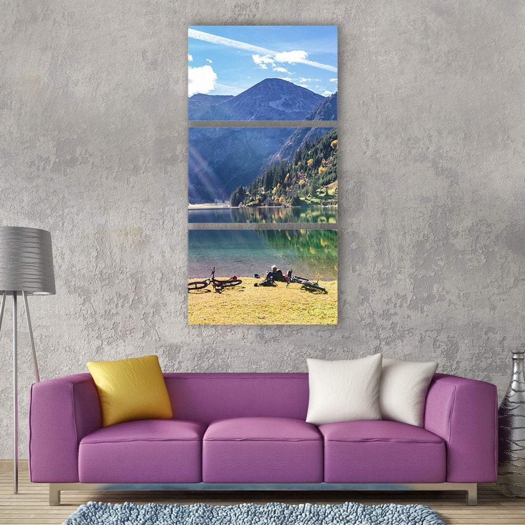 Cyclists Taking Rest Vertical Canvas Wall Art-3 Vertical-Gallery Wrap-12" x 25"-Tiaracle