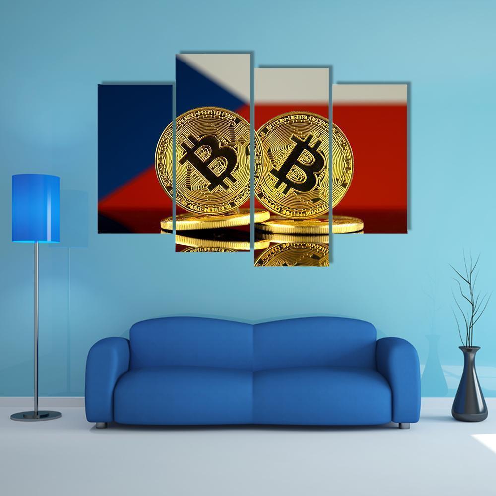 Czech Republic Flag &amp; Bitcoins Canvas Wall Art-4 Pop-Gallery Wrap-50" x 32"-Tiaracle