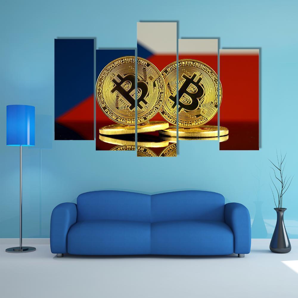 Czech Republic Flag &amp; Bitcoins Canvas Wall Art-5 Pop-Gallery Wrap-47" x 32"-Tiaracle