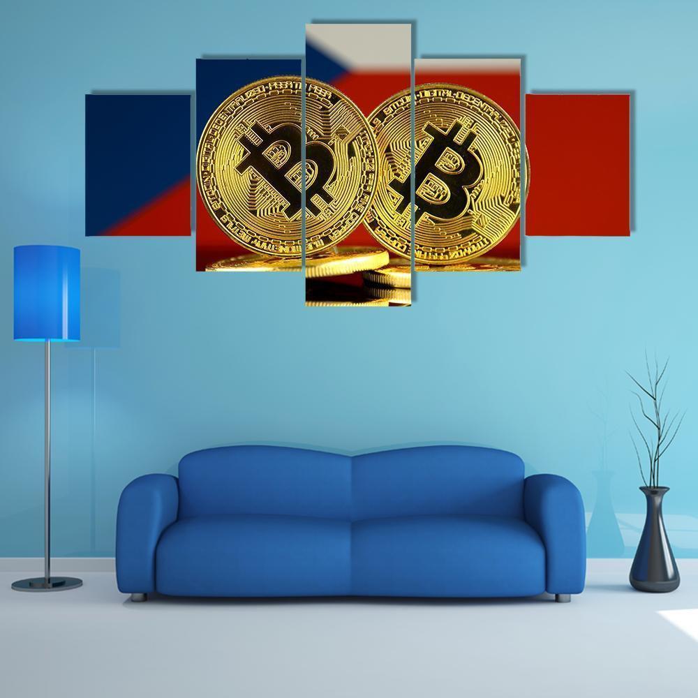 Czech Republic Flag & Bitcoins Canvas Wall Art-5 Star-Gallery Wrap-62" x 32"-Tiaracle