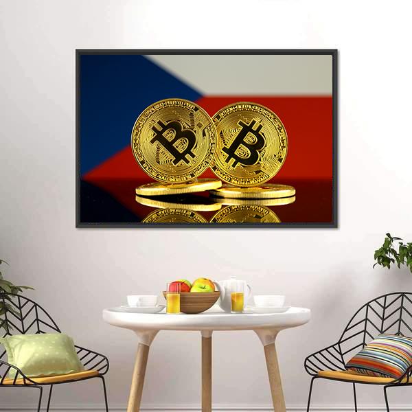 Czech Republic Flag &amp; Bitcoins Canvas Wall Art-1 Piece-Floating Frame-24" x 16"-Tiaracle