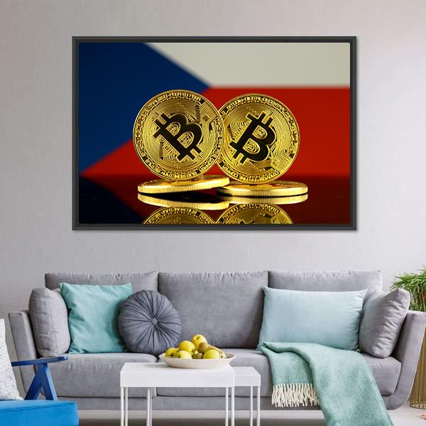 Czech Republic Flag & Bitcoins Canvas Wall Art-3 Horizontal-Gallery Wrap-25" x 16"-Tiaracle