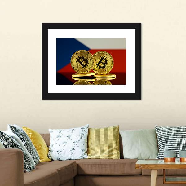 Czech Republic Flag &amp; Bitcoins Canvas Wall Art-1 Piece-Framed Print-20" x 16"-Tiaracle
