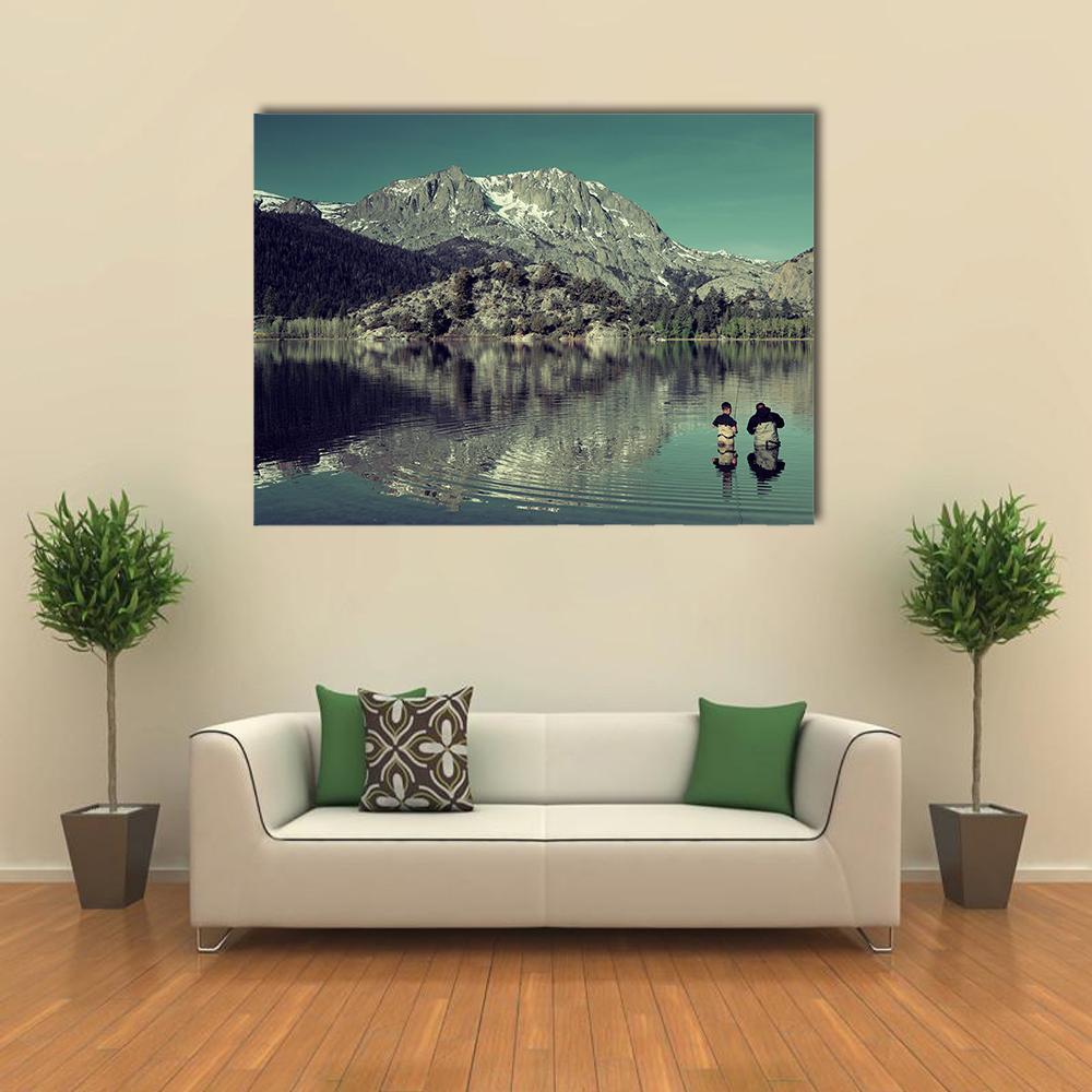 Father and Son Fishing at Yosemite Canvas Wall Art in black, gray and blue, single panel hung on a wall