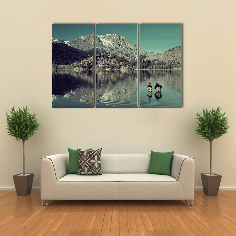 Dad Fishing With Son Canvas Wall Art-3 Horizontal-Gallery Wrap-37" x 24"-Tiaracle