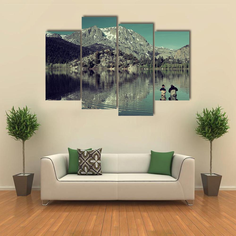 Dad Fishing With Son Canvas Wall Art-3 Horizontal-Gallery Wrap-37" x 24"-Tiaracle