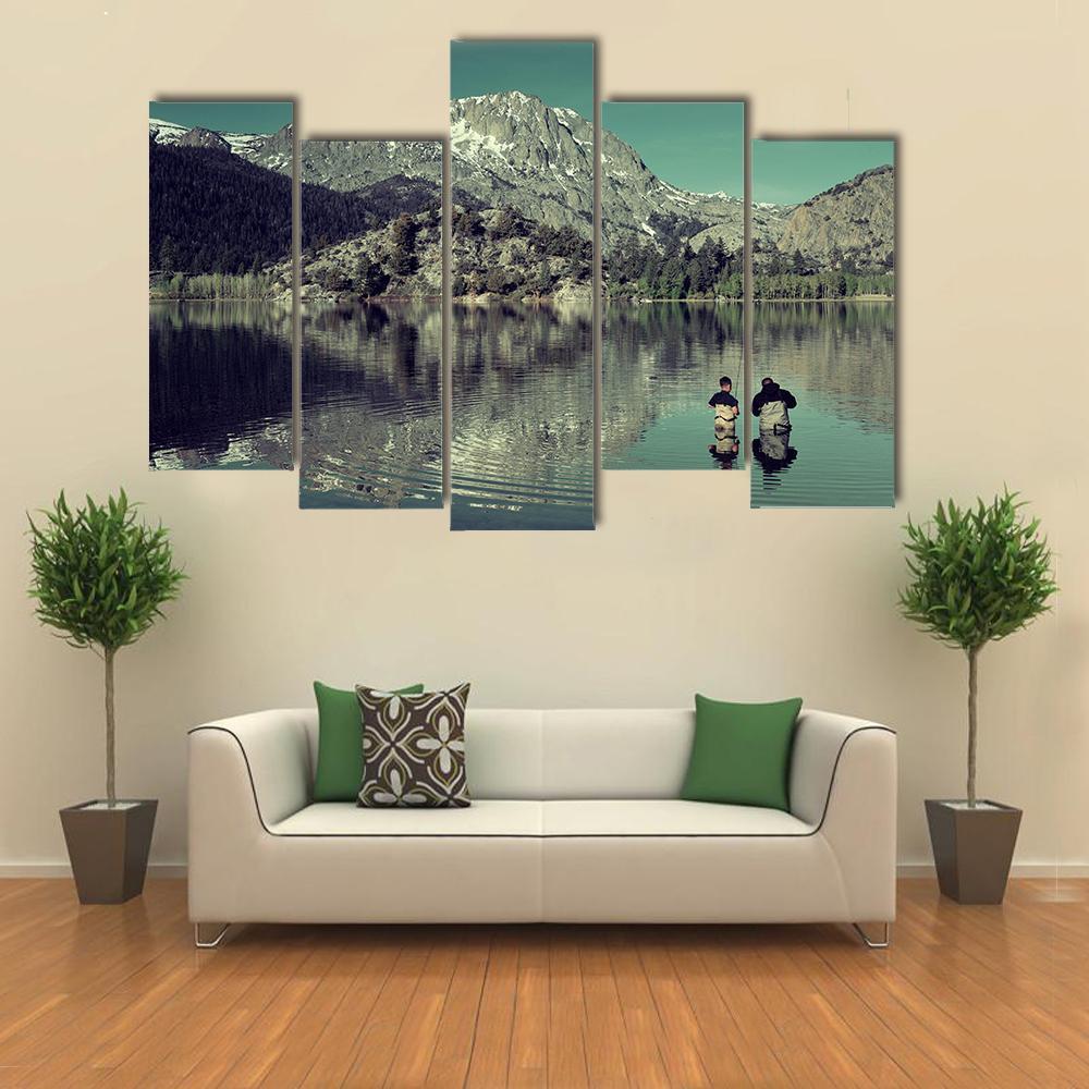 Dad Fishing With Son Canvas Wall Art-5 Pop-Gallery Wrap-47" x 32"-Tiaracle