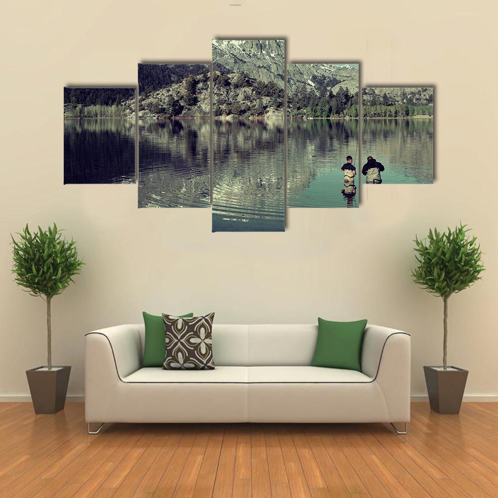 Dad Fishing With Son Canvas Wall Art-5 Star-Gallery Wrap-62" x 32"-Tiaracle