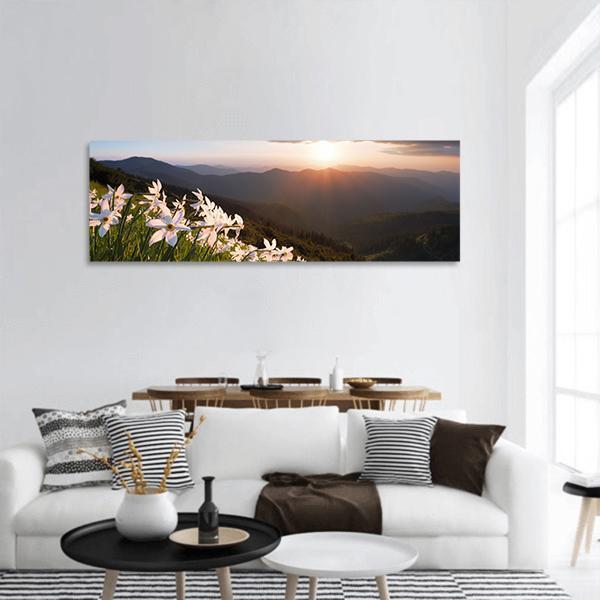 Daffodils On Mountain Panoramic Canvas Wall Art-1 Piece-36" x 12"-Tiaracle