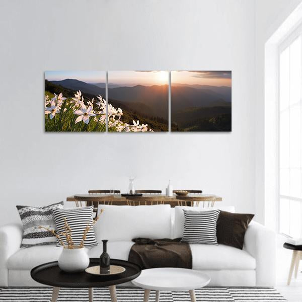 Daffodils in a Mountain Valley Panoramic Canvas Wall Art in white, green and blue, hung on a wall