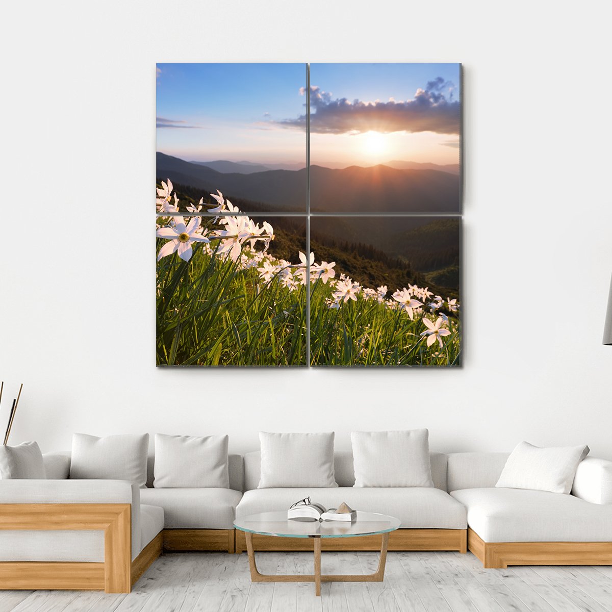 Daffodils On Mountain Canvas Wall Art-4 Square-Gallery Wrap-17" x 17"-Tiaracle