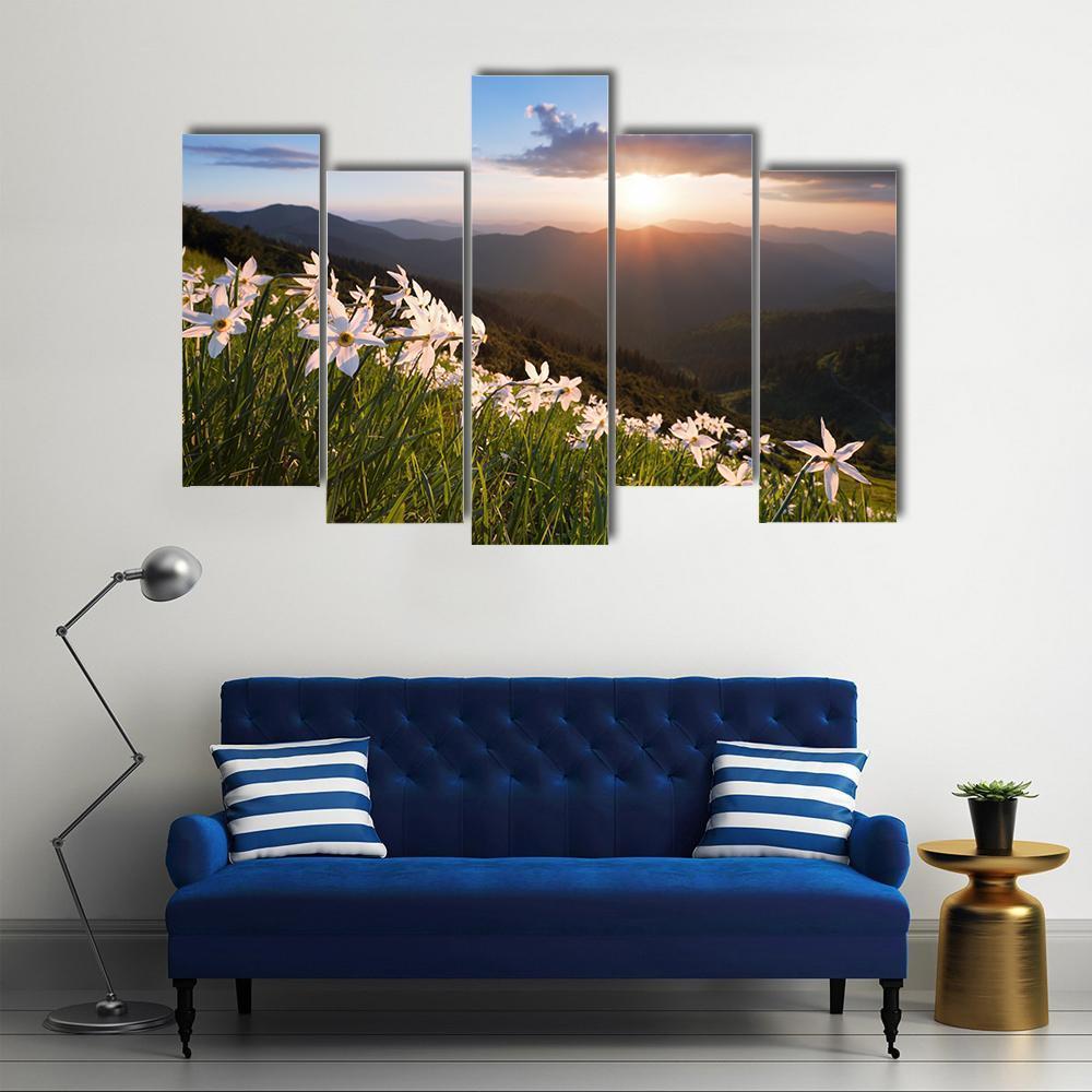 Daffodils On Mountain Canvas Wall Art-5 Pop-Gallery Wrap-47" x 32"-Tiaracle