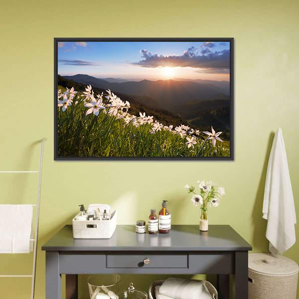 Daffodils On Mountain Panoramic Canvas Wall Art-1 Piece-36" x 12"-Tiaracle