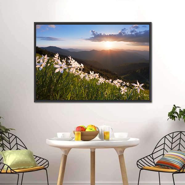 Daffodils On Mountain Panoramic Canvas Wall Art-1 Piece-36" x 12"-Tiaracle