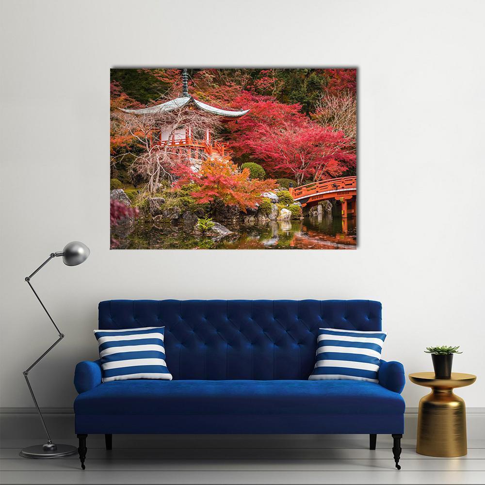Daigoji Temple Autumn Garden Canvas Wall Art in red, orange and green, single panel hung on a wall