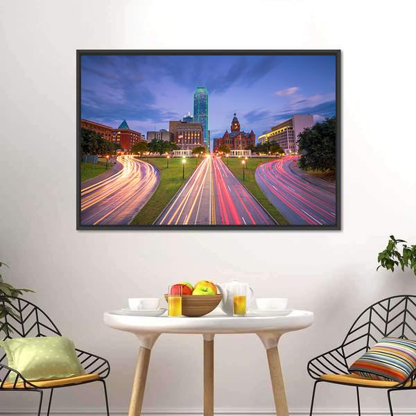 Dallas Downtown Canvas Wall Art-1 Piece-Floating Frame-24" x 16"-Tiaracle