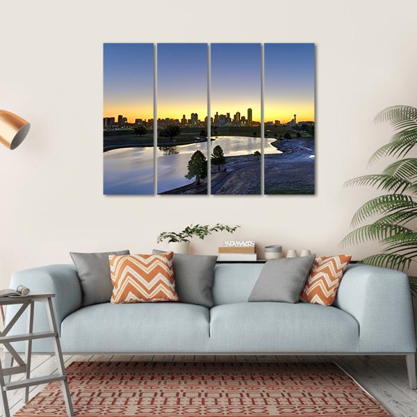 Dallas Skyline At Sunrise Canvas Wall Art-4 Horizontal-Gallery Wrap-34" x 24"-Tiaracle