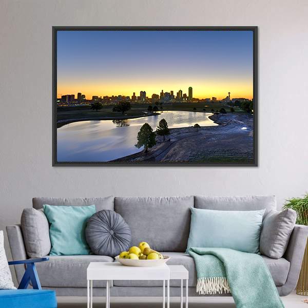 Dallas Skyline At Sunrise Canvas Wall Art-5 Horizontal-Gallery Wrap-22" x 12"-Tiaracle
