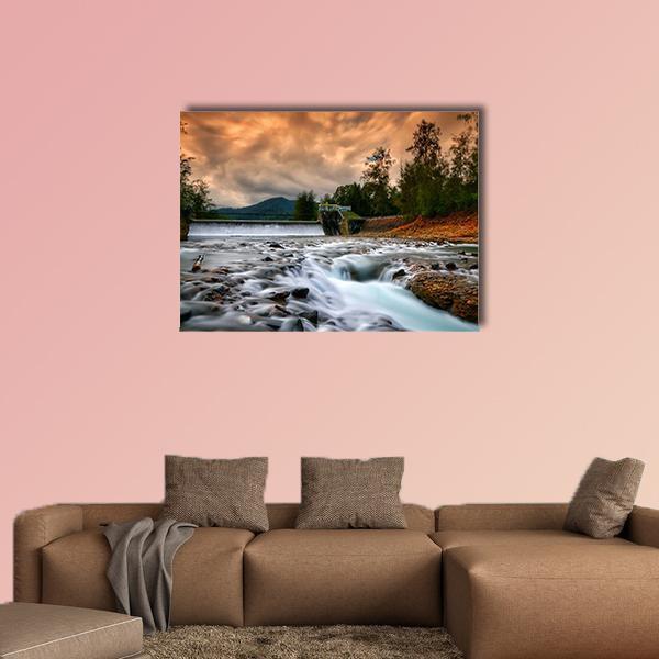 Dam Mentawa, Indonesia Canvas Wall Art in gray, brown and orange, single panel hung on a wall