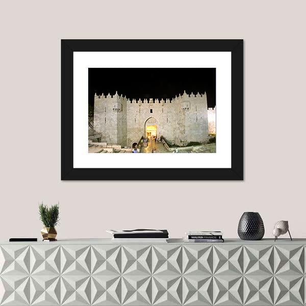 Damascus Gate Entrance Canvas Wall Art in black, gray and beige, hung on a wall