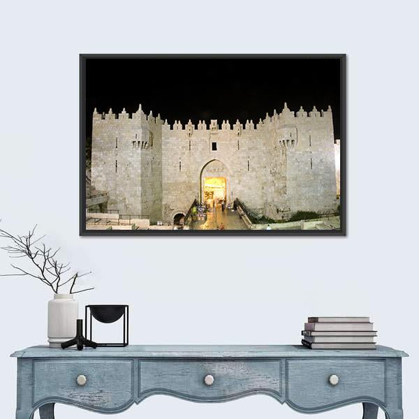 Damascus Gate Entrance Canvas Wall Art in black, gray and beige, framed canvas, product view on a white background
