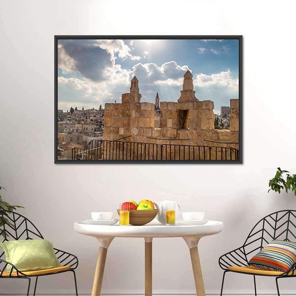 Damascus Gate, Jerusalem Canvas Wall Art in gray, beige and blue, single panel hung on a wall