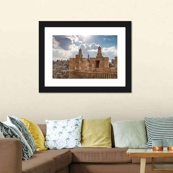 Damascus Gate, Jerusalem Canvas Wall Art in gray, beige and blue, single panel hung on a wall