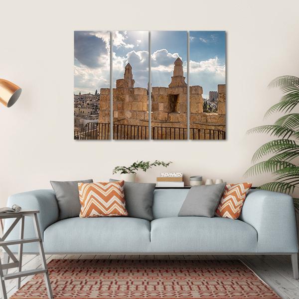 Damascus Gate, Jerusalem Canvas Wall Art in gray, beige and blue, single panel hung on a wall