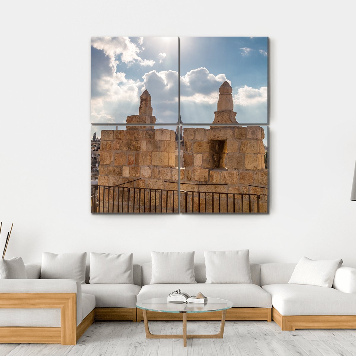 Damascus Gate, Jerusalem Canvas Wall Art in gray, beige and blue, single panel hung on a wall