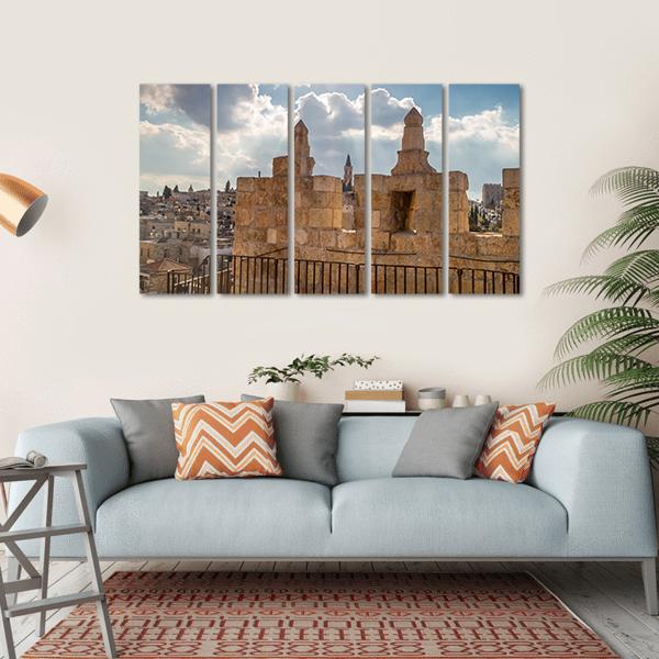 Damascus Gate, Jerusalem Canvas Wall Art in gray, beige and blue, single panel hung on a wall
