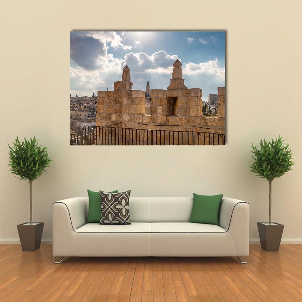 Damascus Gate Jerusalem Canvas Wall Art in gray, beige and blue, 4 panel Pop layout hung on a wall