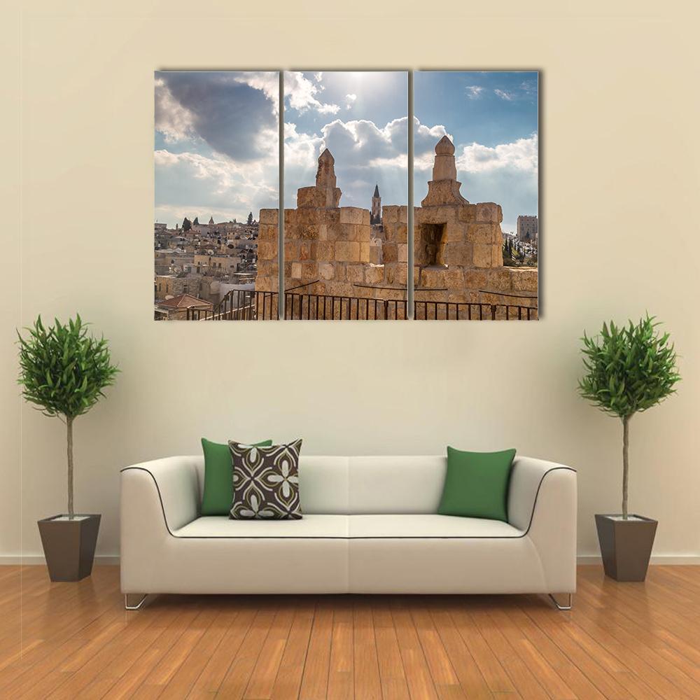 Damascus Gate Jerusalem Canvas Wall Art in gray, beige and blue, 4 panel Pop layout hung on a wall