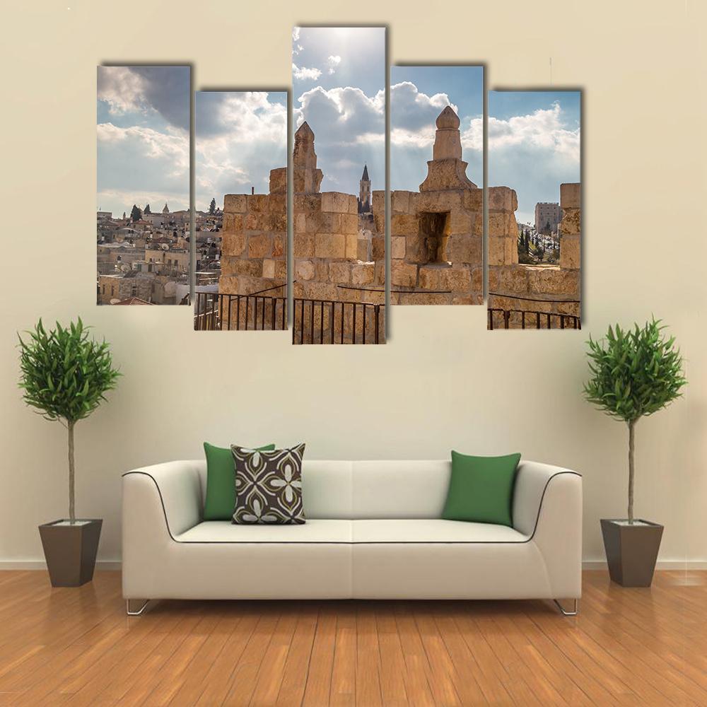 Damascus Gate Jerusalem Canvas Wall Art in gray, beige and blue, 4 panel Pop layout hung on a wall